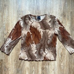Brown/tan vintage blouse with tropical leaf motif
